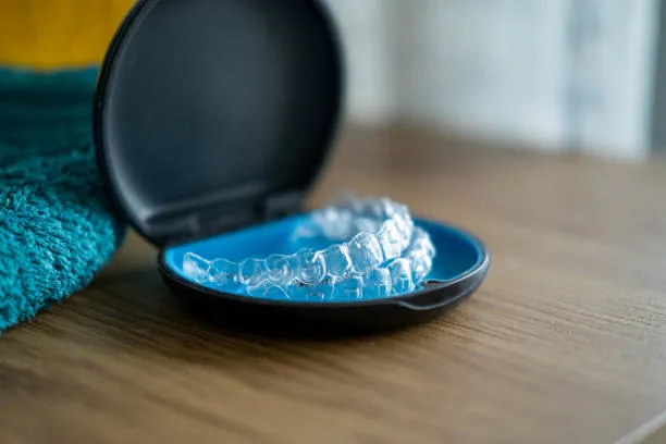 a photo showing Invisalign in a case on a wooden surface